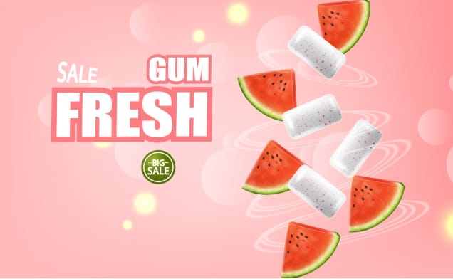 A pink background with watermelon slices and the words sale gum fresh.