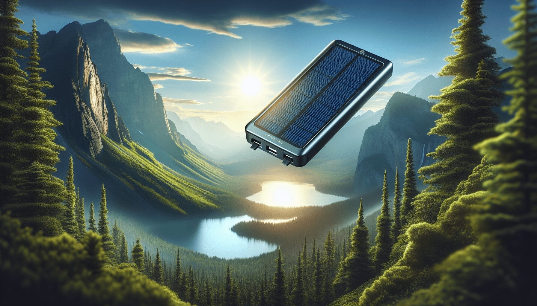 A solar-powered battery pack floating above a picturesque mountain lake landscape at sunrise. Best Products Here