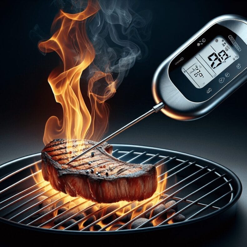 A steak is being cooked on a grill with a digital thermometer. Best Products Here