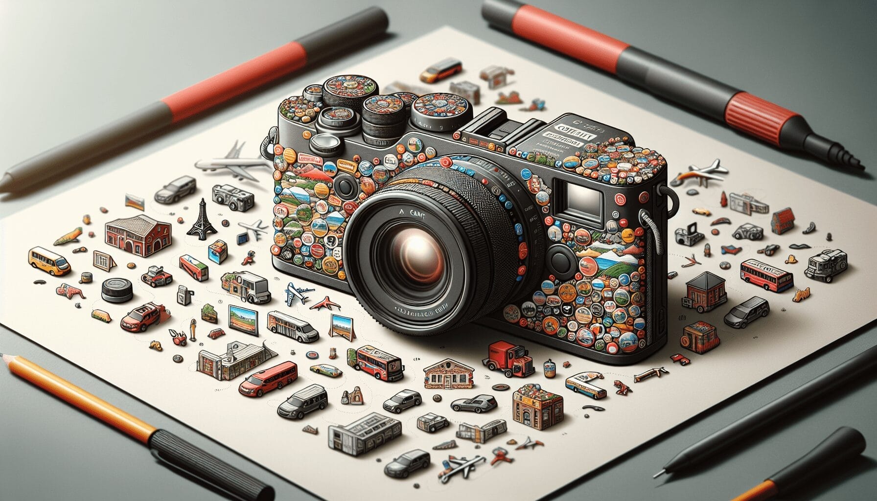 Digital illustration of a camera surrounded by miniature drawings of various items and vehicles, with an artistic flair. Best Products Here