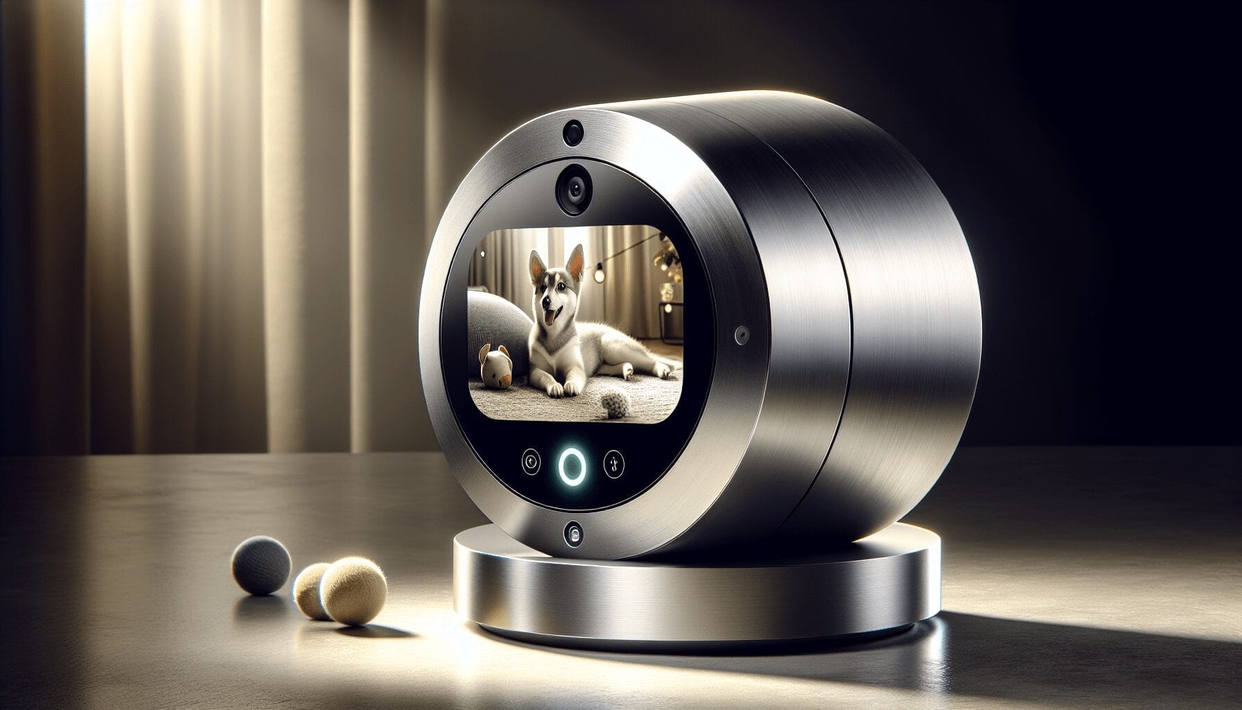 A modern pet camera with a display showing a dog, situated on a table near two balls. Best Products Here