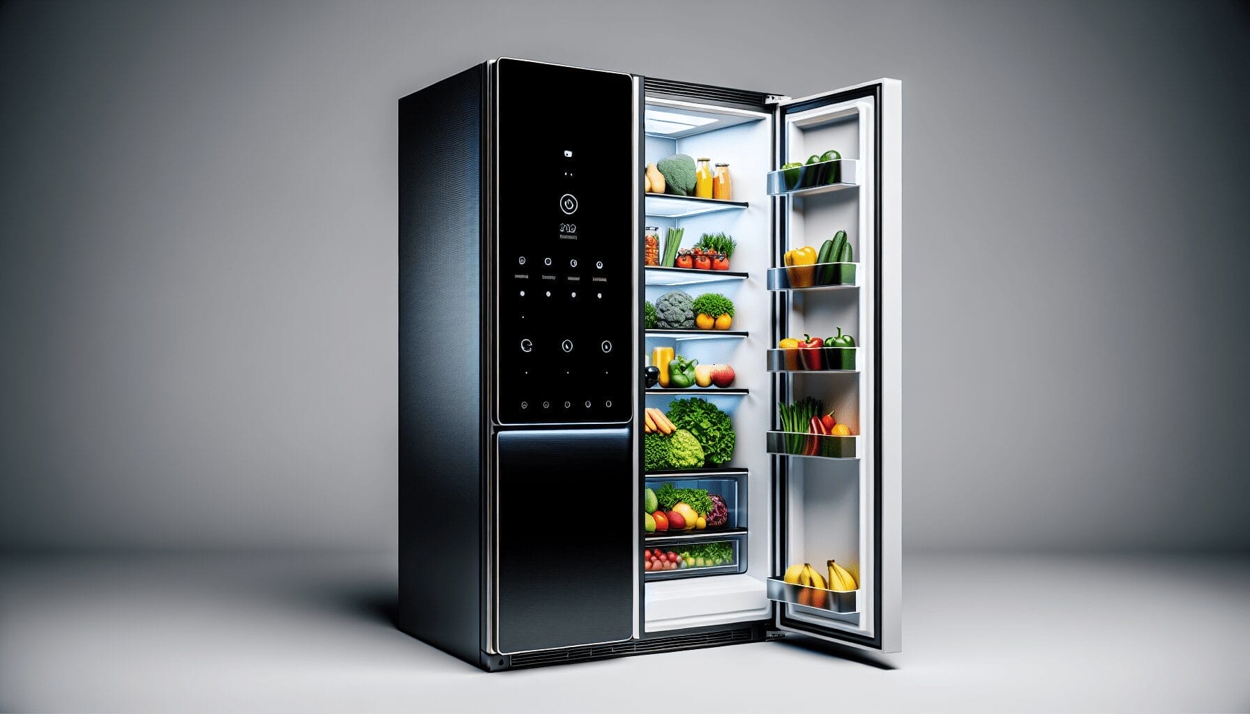 Modern refrigerator with open door revealing well-organized fresh produce and groceries. Best Products Here