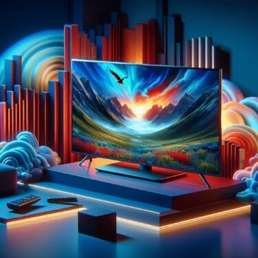 Stylized modern home entertainment setup featuring a vibrant screen with dynamic scenery, flanked by neon-glowing decorative elements. Best Products Here