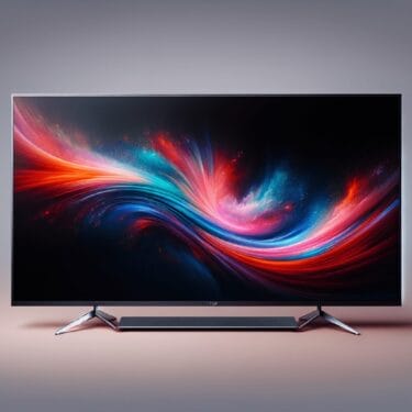 Modern flat-screen television displaying a vibrant abstract cosmic background. Best Products Here