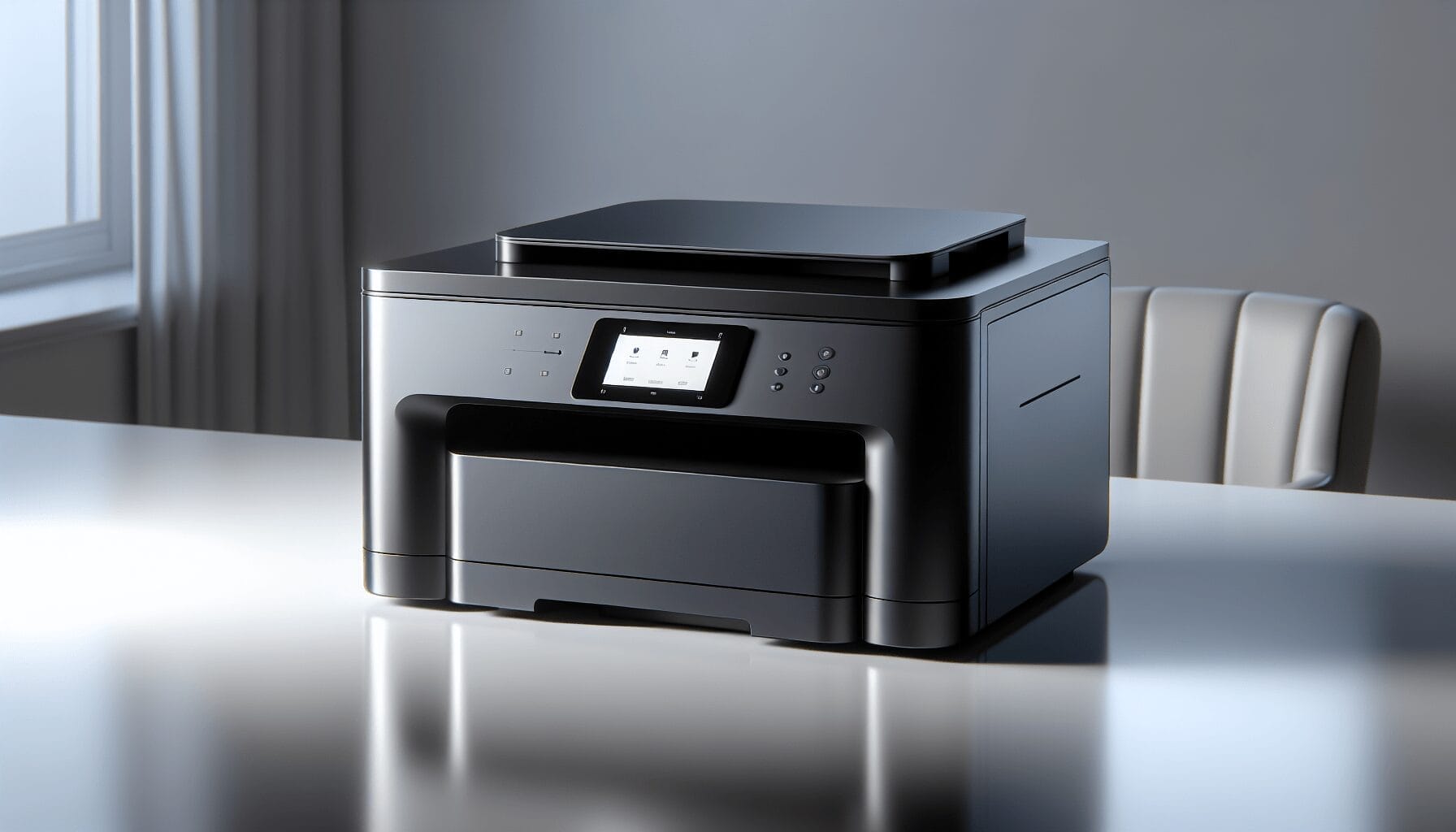 A black printer sits on a table in a room. Best Products Here