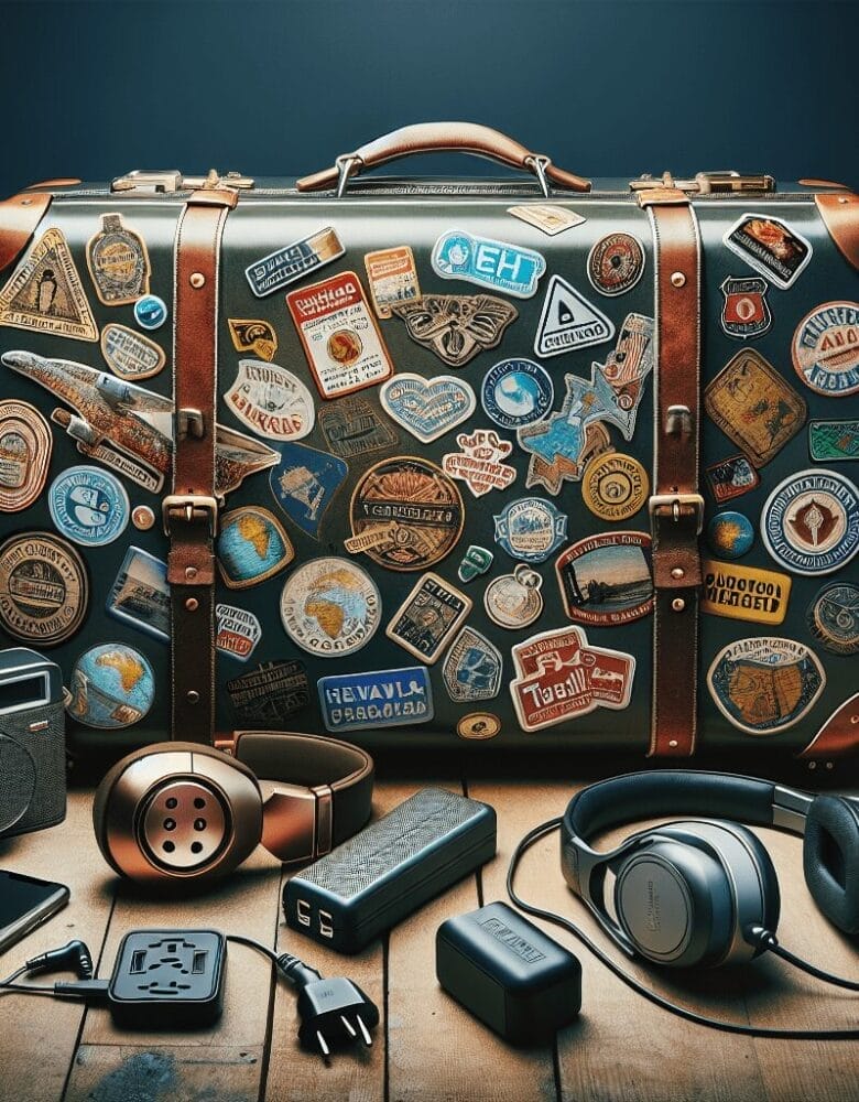 A vintage suitcase covered with travel stickers surrounded by assorted travel gadgets including a camera, headphones, a smartphone, and a power bank. Best Products Here